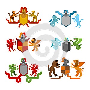 Heraldic Shield and Knight Helmet set. Fantastic Beasts. Template heraldry design element. Coat of arms of royal family.