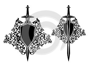 Heraldic shield with knight sword and rose flowers black and white vector design
