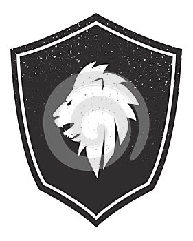 Heraldic shield with lion face. Vector illustration, grunge style