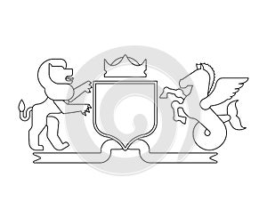 Heraldic Shield Lion and Hippocampus and Knight Helmet. Fantastic Beasts. Template heraldry design element. Coat of arms of royal