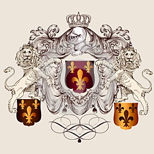 Heraldic shield with lions and fleur de lis photo