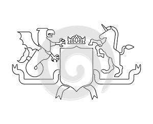 Heraldic Shield Sea Griffin and Unicorn and Knight Helmet. Fantastic Beasts. Template heraldry design element. Coat of arms