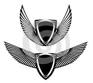 Heraldic shield with spread eagle wings black and white vector design set