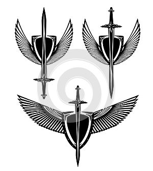 Heraldic shield with spread eagle wings and knight sword black and white vector design set