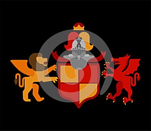 Heraldic Shield Winged Lion and Dragon and Knight Helmet. Fantastic Beasts. Template heraldry design element. Coat of arms of roy