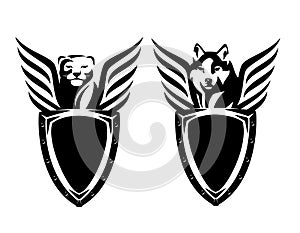 Heraldic shield with winged lioness and wolf head black and white vector design set