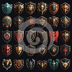 Heraldic shields set. Collection of vintage heraldic shields in different shapes and colors isolated on black background