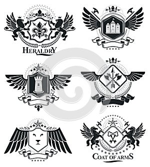 Heraldic signs, elements, heraldry emblems, insignias, signs, vectors. Classy high quality symbolic illustrations