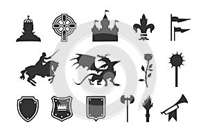 Heraldic symbols and elements. Medieval clip art silhouettes