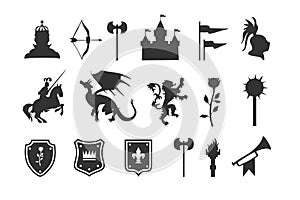 Heraldic symbols and elements. Medieval clip art silhouettes