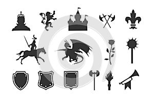 Heraldic symbols and elements. Medieval clip art silhouettes