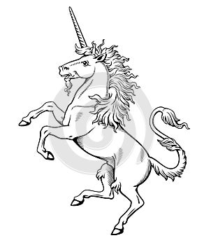 Heraldic Unicorn Salient. Ink style engraving vector clipart.