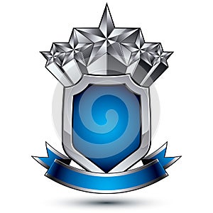 Heraldic vector template with pentagonal silver stars placed over gray security shield and decorated with blue wavy