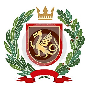 Heraldry, coat of arms. Olive branch, oak branch, crown, shield, dragon. Color
