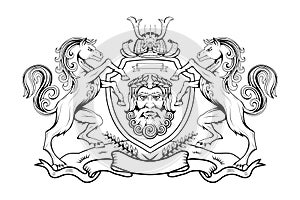 Heraldry, heraldic crest or coat of arms, heraldic elements for your design, engraving, vintage retro style, heraldry animals