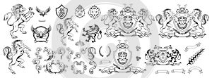 Heraldry, heraldic crest or coat of arms, heraldic elements for your design, engraving, vintage retro style, heraldry animals