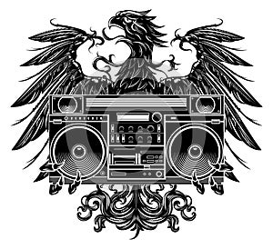 Heraldry style eagle holding a boombox