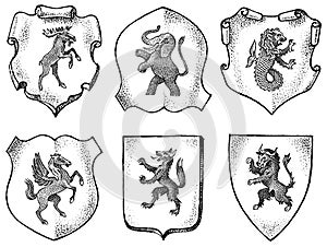 Heraldry in vintage style. Engraved coat of arms with animals, birds, mythical creatures, fish, dragon, unicorn, lion