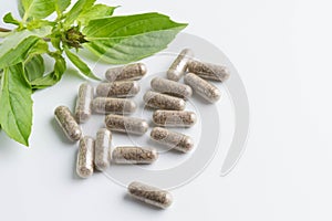 herb capsules spilling out of a bottle isolated