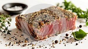 Herb-crusted seared tuna steak, medium rare, with peppercorns and fresh greens