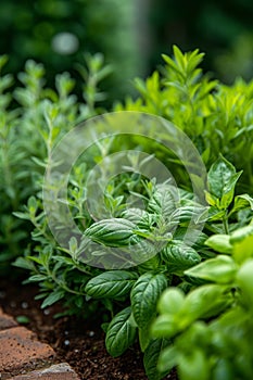 A herb garden, aromatic and diverse, flourishing with basil, mint, rosemary, and thyme