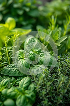 A herb garden, aromatic and diverse, flourishing with basil, mint, rosemary, and thyme