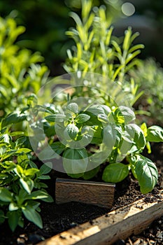 A herb garden, aromatic and diverse, flourishing with basil, mint, rosemary, and thyme