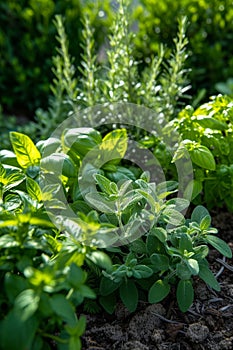 A herb garden, aromatic and diverse, flourishing with basil, mint, rosemary, and thyme