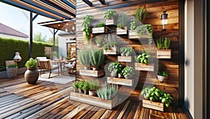 Herb Garden Plants Flowers Backyard Wooden Boxes Cedar Deck Porch AI Generate