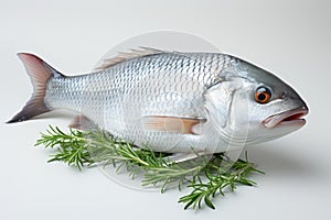 Herb-infused Delight: Whole Fish with Rosemary on a White Background. Generative AI