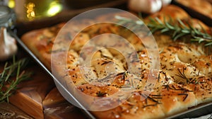 Herb-infused focaccia bread, freshly baked and ready to serve