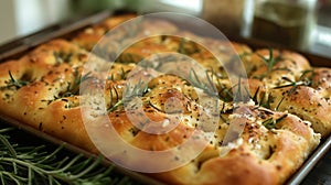 Herb-infused focaccia bread, freshly baked and ready to serve