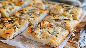 Herb-infused focaccia bread, freshly baked and ready to serve