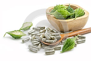 Herb pills with bitter gourd ,homeopathic medicine on white back