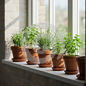 Herb plants in terracotta pots are neatly arranged on a sunlit windowsill. The selectio