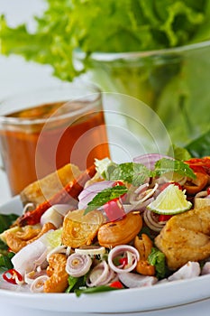 Herb salad with deep fried fish and shrimp (Thai f