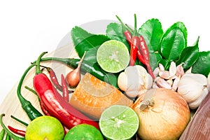 Herb and spice ingredients for asian food on white background