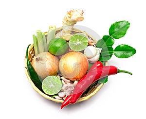 Herb and spice ingredients on white background