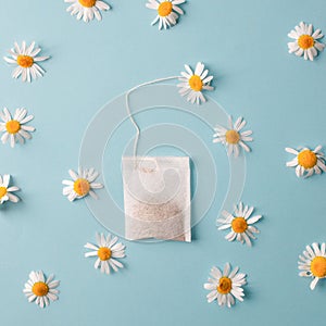 Herbal alternative medicine series: Chamomile flowers and teabags on blue background. Seasonal anti-depression, stomach and colds