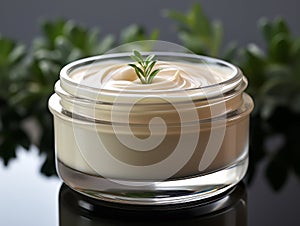 Herbal anti wrinkle cosmetic face cream in a glass jar close-up, natural skin care moisture lotion