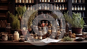 Herbal apothecary aesthetic concept. Natural dried plants herbs, spices, flowers ingredients in vintage inspired