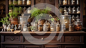 Herbal apothecary aesthetic concept. Natural dried plants herbs, spices, flowers ingredients in vintage inspired