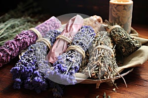 herbal bath sachets and dried lavender bunch