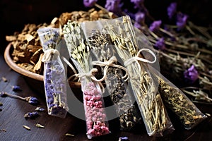 herbal bath sachets and dried lavender bunch