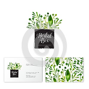 Herbal Box logo. Watercolor green herbals emblem. Greengrocery logo. Identity. Business card and pattern.