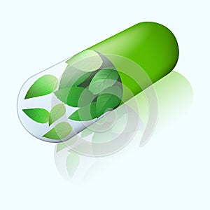 Herbal capsule with flying mint leaves inside. Isometric view with mirror shadow. Green pill. Alternative medicine icon.