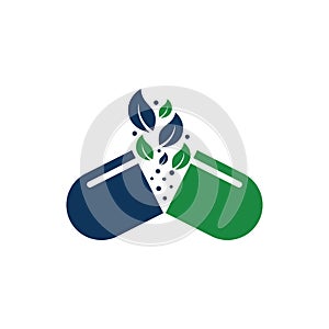 Herbal capsule pill leaf medicine logo vector icon