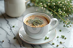 Herbal coffee in white cup on marble table with fresh greenery