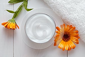 Herbal cosmetic acne cream with calendula skincare natural organic moisturizer photo