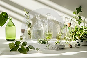 Herbal cosmetics, organic skin care products. Dermatologycal laboratory, ingredients on a white table